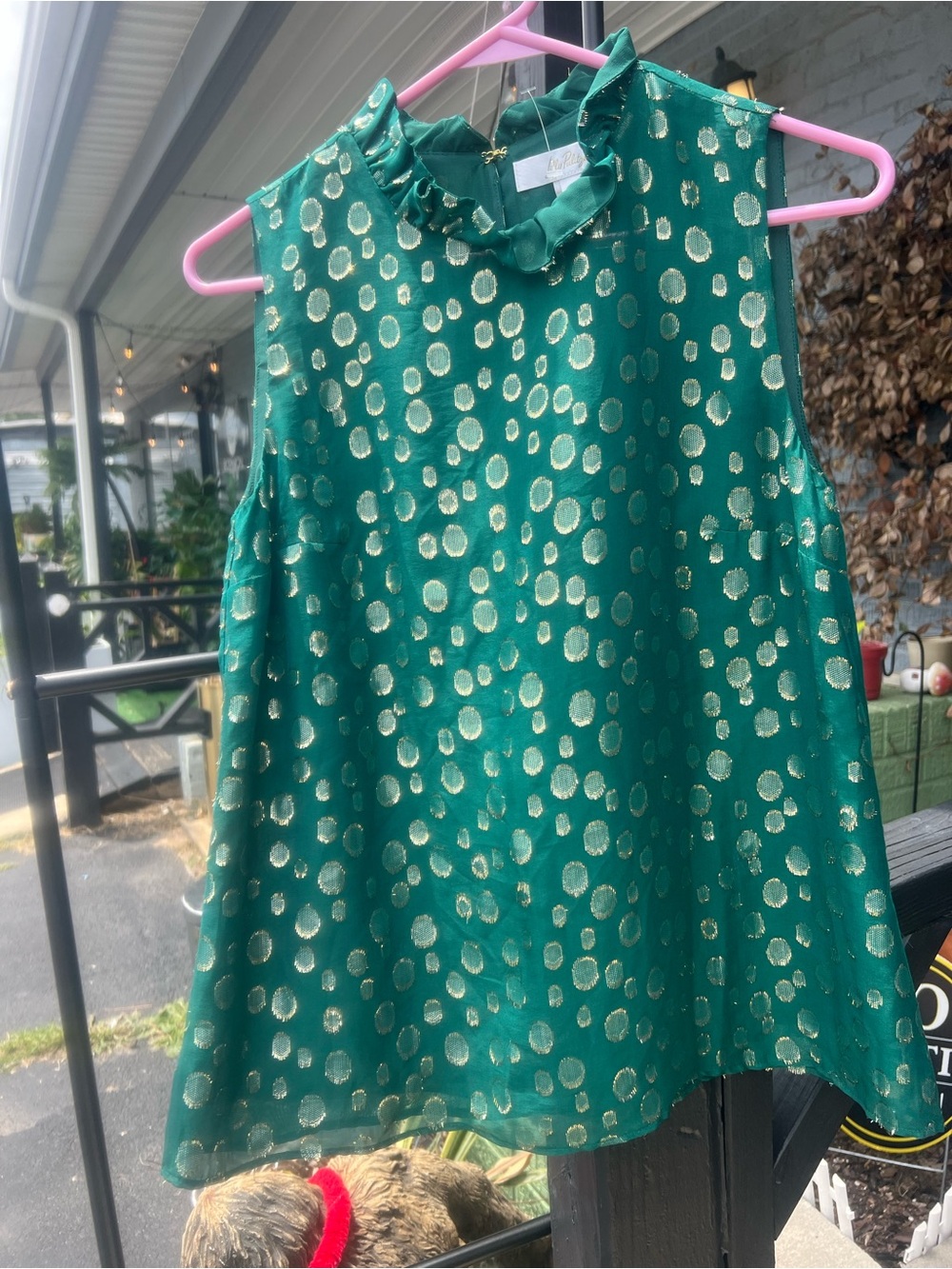 Lilly Pulitzer Emerald Green Metallic Dot Ruffle Neck Sleeveless Top Size Small